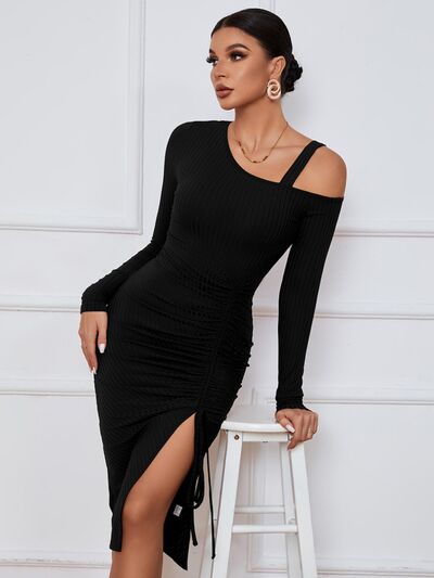 Ribbed Ruched Drawstring Wrap Dress