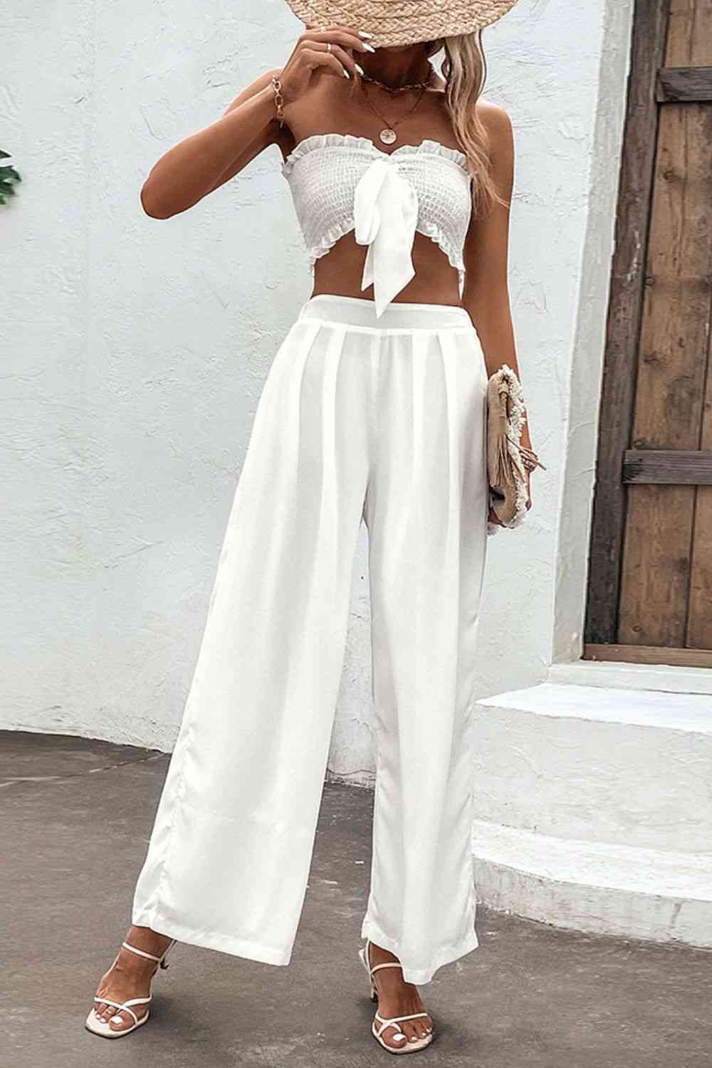 Smocked Tube Top and Wide Leg Pants Set